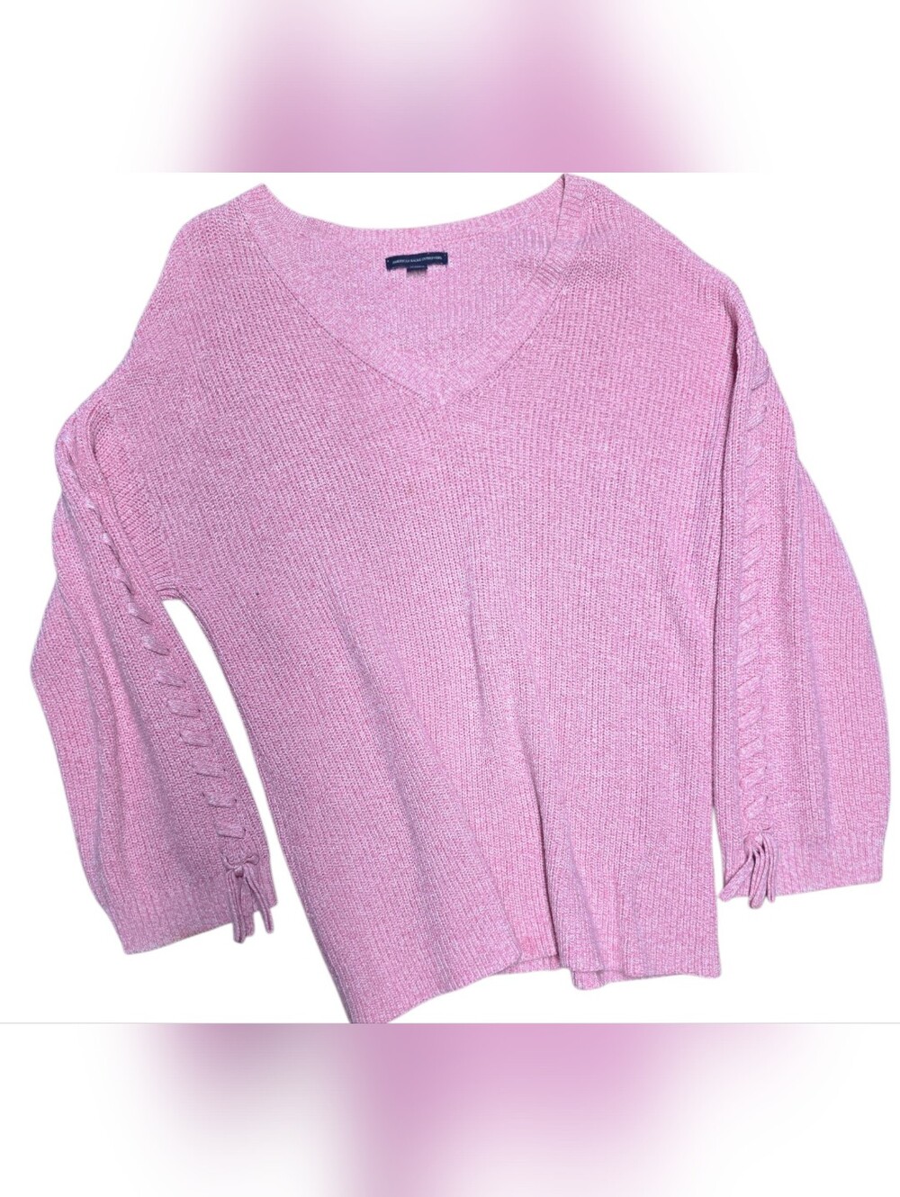 Pink Women's Sweater Braided Laces On Sleeves Large